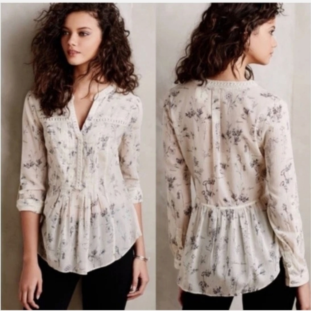 ANTHROPOLOGIE MAEVE Abella Pintuck Blouse 100% Cotton Size 10